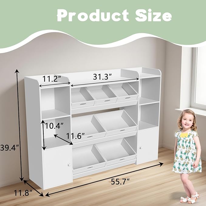 55.7''W Toy Storage Organizer with 7 Removable Bins & 4 Open Shelf,Large Kids Bookshelf and Toy Storage for Playroom, Kids' Room & Classroom,White