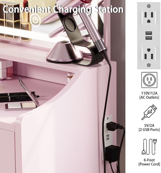 LIKIMIO Small Makeup Vanity Desk with Mirror and Lights, Vanity Table Set with Storage Drawer, Chair and Three Shelves, Bedroom, Pink