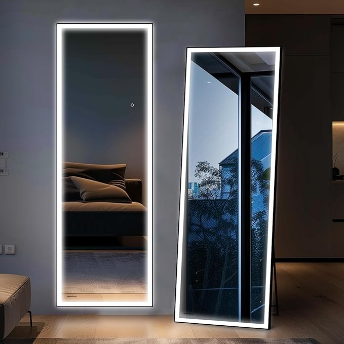 72x24 Full Length Mirror, Dimmable 3 Color LED Light w/Light Memory, Distortion Free Silver Coating Mirror, HD Reflection &Anti Desilvering,Tempered Glass &Shatter Proof Film Doubles Safety
