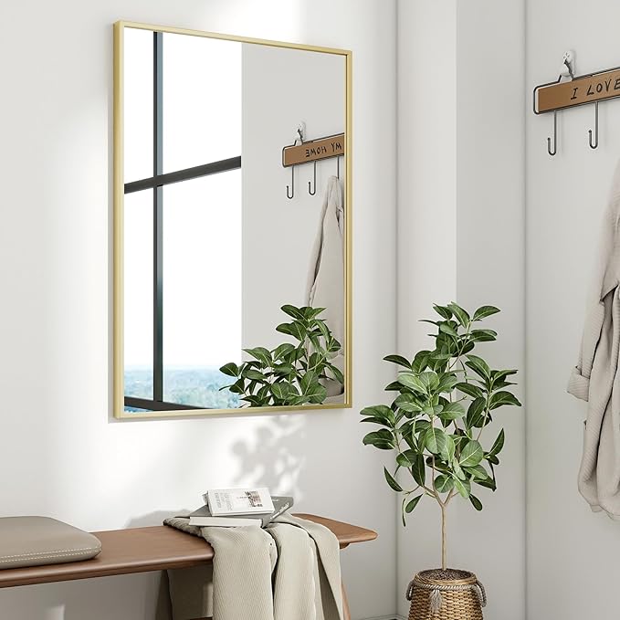 HARRITPURE 24"x32" Framed Bathroom Mirror for Wall Rectangle Mirror Aluminum Alloy Frame Wall-Mounted for Farmhouse Entryway Bedroom Living Room Gold