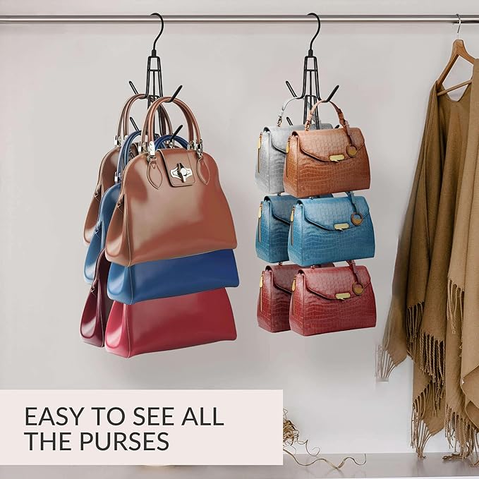 ZEDODIER Purse Organizer for Closet, 3 Pack Rotatable Sturdy Purse Hanger Bag Rack with 18 Hooks, Space Saving Handbag Backpack Holder, Closet Organizers and Storage, Black