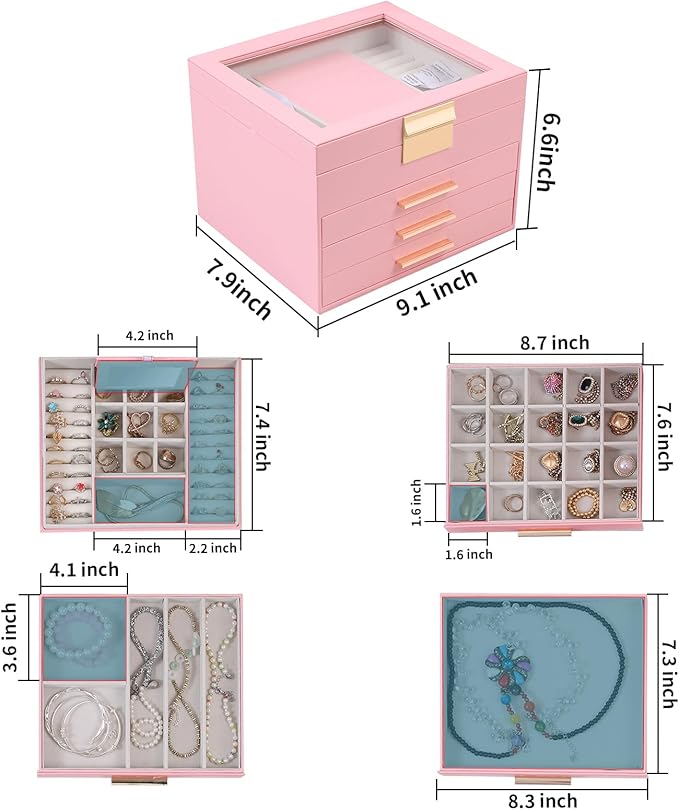 BOOVO Clear Lid Jewelry Box,4 Layers Jewelry Organizer Large Jewelry Storage Box with 3 Drawers,Jewelry Holder Organzier of Rings Earrings Necklace Bracelets for Women (Pink, 4 Layer)