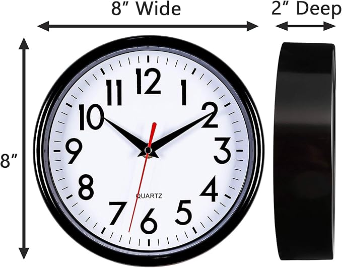 Bernhard Products Black Wall Clock 8" Silent Non-Ticking Quality Quartz Battery Operated Small Clock for Home/Office/Kitchen/Classroom/Bedroom Easy to Read