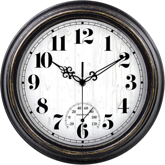 zyzamay 12 Inch Indoor Outdoor Clocks,Waterproof Wall Clock with Thermometer,Easy to Read,Non-Ticking Battery Operated Quality Quartz Clock, Decorative for Patio,Porch,Pool,Bathroom(BlackGold)