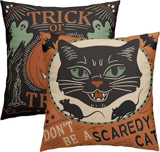 Kawani Halloween Pillow Covers 18x18 Set of 2 Vintage Halloween Decorative Scaredy Cats Pumpkins Trick Or Treat Throw Pillow Covers Farmhouse Pillowcases Cotton Cushion Cover Couch Bed Sofa Chair BZ