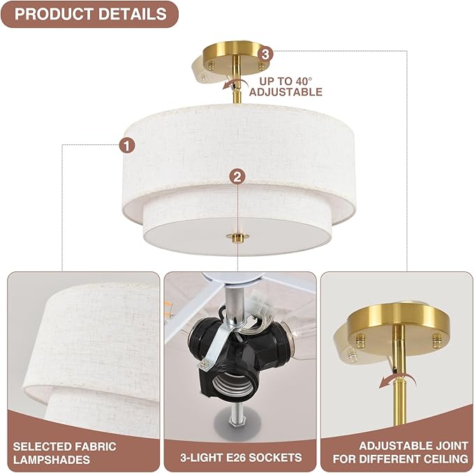 16" Semi Flush Mount Ceiling Light, Gold 3 Light Double Drum Fabric Lampshade Lighting Fixture for Living Room, Bedroom, Dining Room, Kitchen, Hallway (Swivel Canopy for Sloped/Flat Ceiling)