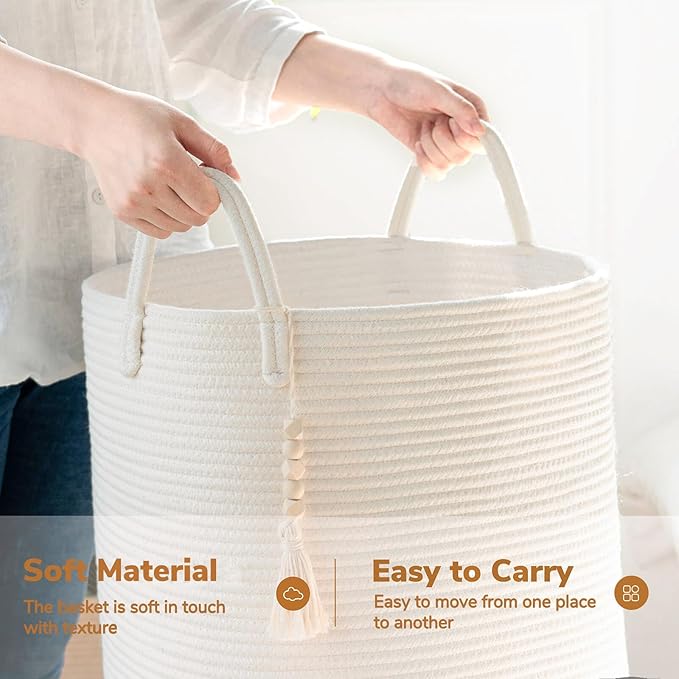 Goodpick White Laundry Basket with Handles, Tall Woven Laundry Hamper for Clothes, Towels, Pillows, Toys, Decorative Blanket Basket for Living Room, Bedroom, Playroom, 16 x 20 inches