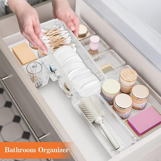 25 PCS Plastic Drawer Organizer Set, 4-Size Versatile Organizer Trays & storage Bins for Makeup, Jewelry, and Gadgets in Bathroom, Bedroom and Office,Clear White
