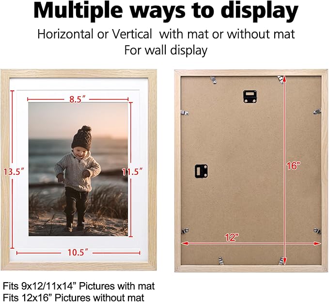 KINLINK 12x16 Picture Frame Natural, Solid Wood Frames with Acrylic Plexiglass for Pictures 11x14/9x12 with Mat or 12x16 without Mat,Wall Display Photo Frame Set of 4