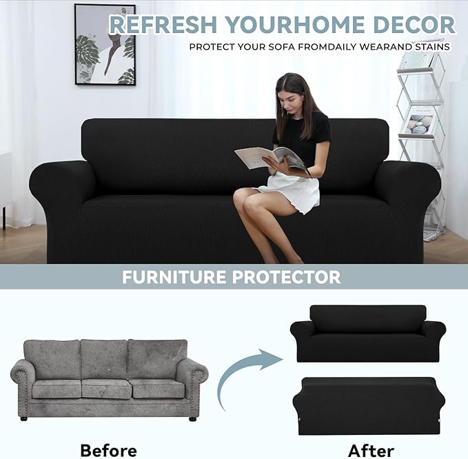 LURKA Stretch Oversized Sofa Slipcovers 1 Piece Couch Covers for 3 Cushion Couch Sofa Furniture Protector Full Sofa Covers with Elastic Bottom for Kids and Pet (X-Large, Black)