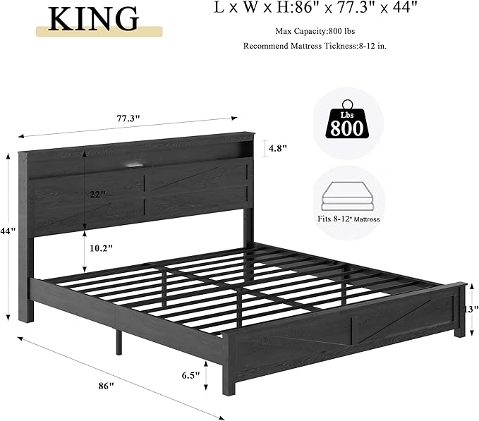 Farmhouse Wooden Bed Frame King Size with Storage Headboard, Boho Platform Bedframe with LED Lights and Charging Station, Metal Slats Support, No Box Spring Needed, Black