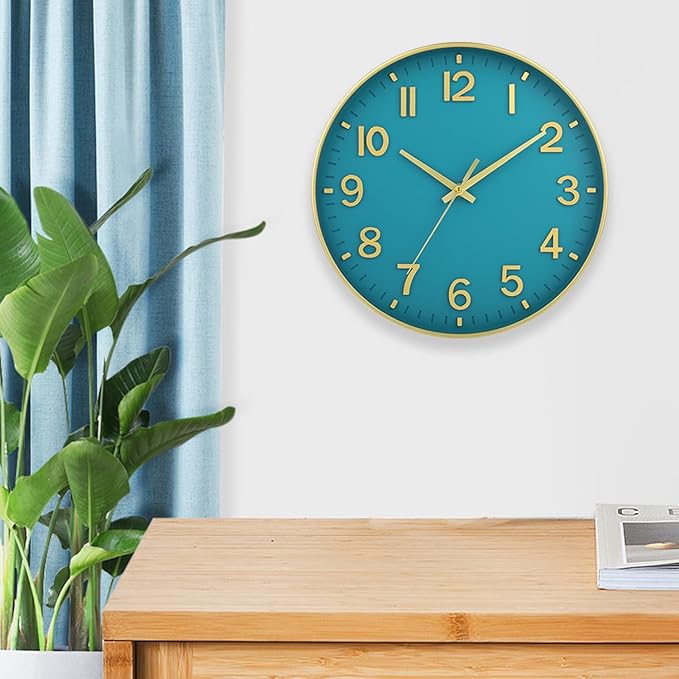 HZDHCLH Teal and Gold Wall Clocks Battery Operated 12 inch Silent Non Ticking Modern Wall Clock for Living Room Bedroom Kitchen Office Decor