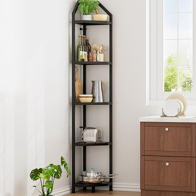 5-Tier Corner Shelf | 70 Inch Tall Bookshelf & Plant Stand, Heavy Duty Storage for Home Office & Living Room - Black