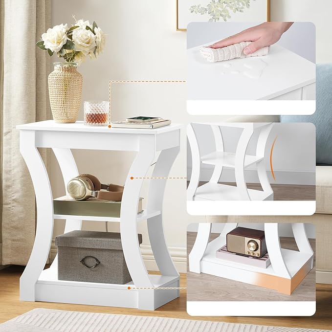 End Table with Charging Station, Side Table with USB Ports and Outlets, 3 Tier Nightstand with Storage Shelf for Small Spaces, Living Room, Bedroom, White ETWT53E01