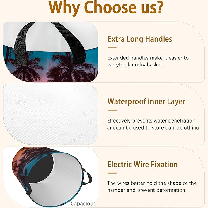 Laundry Hamper, Beach Palm Trees Sunset Landscape Laundry Basket,Waterproof Foldable Storage Bin for Bedroom,Clothes Organizer Basket,Toys Box 16x20 Inch