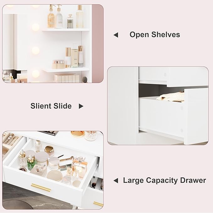 GarveeHome 61 in Make Up Vanity Desk with Mirror and Lights, White Vanity with 8 Wide Storage Drawers & 2 Tier Shelves, 3 Lighting Modes with Adjustable Brightness for Bedroom