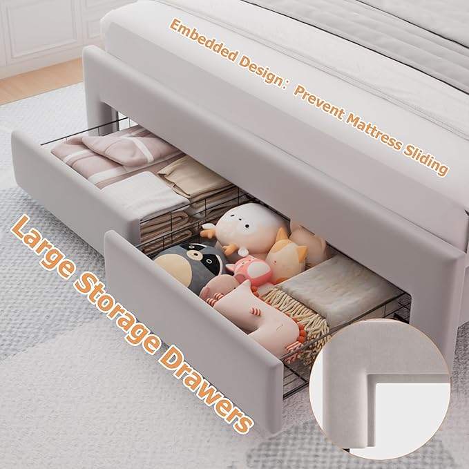 Queen Upholstered LED Bed Frame with 2 Storage Drawers and Adjustable Chic Double Wavy Headboard, Velvet Prince Platform Bed with Charing Station, Solid Wood Slats Support,No Box Spring Needed,Grey