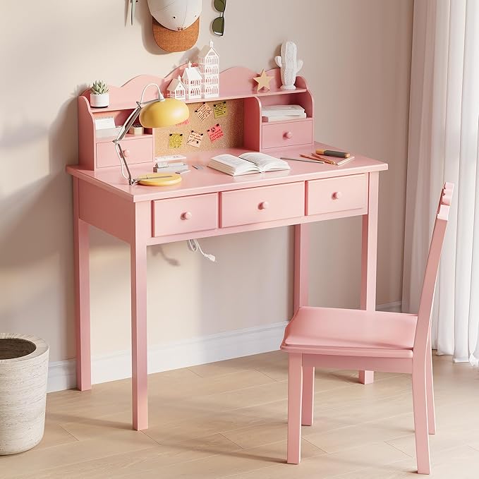 Home Office Furniture Writing Desk,Computer Work Station with Detachable Hutch,5 Drawers(Pink)
