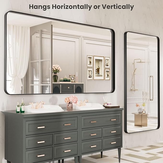 LOAAO 77X36 Inch Black Metal Framed Bathroom Mirror for Wall, Matte Black Bathroom Vanity Mirror Farmhouse, Large Rounded Rectangle Mirror, Anti-Rust, Tempered Glass, Hangs Horizontally or Vertically