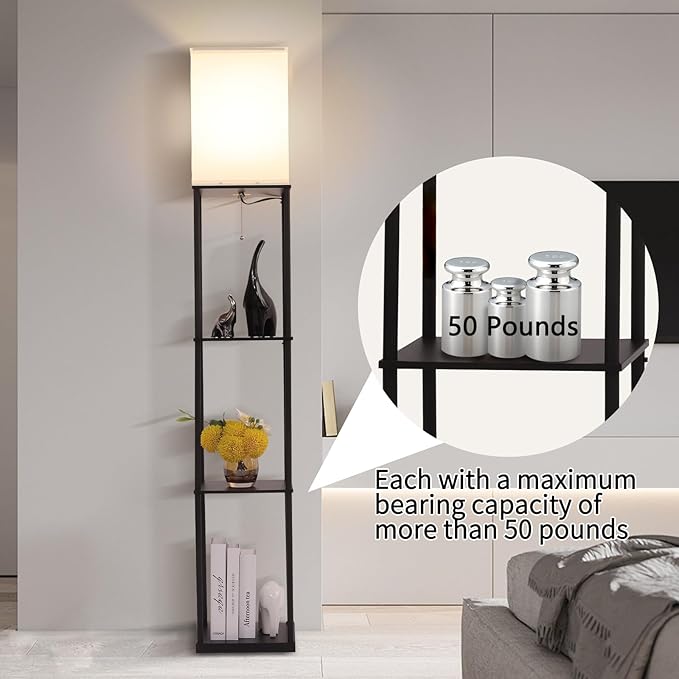 Floor Lamp with Shelves, Modern Square Standing Lamp with 3-Color Remote Control Dimming Bulb, Corner Display Bookshelf Lamp for Living Room, Bedroom and Office (black-9YK)