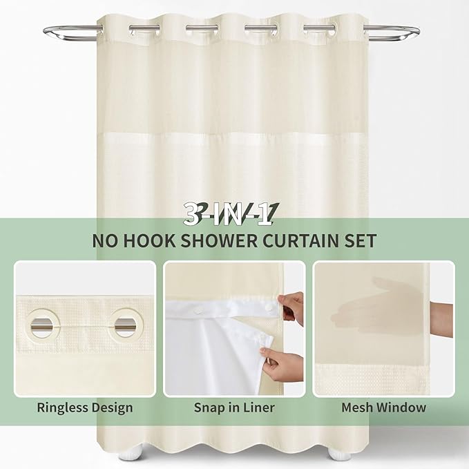 Cream No Hook Shower Curtain with Snap-in Fabric Liner Set,Waffle Weave Shower Curtains for Bathroom,Hotel Luxury Decor Bathroom Curtain Set,Waterproof & Washable,71Wx74H