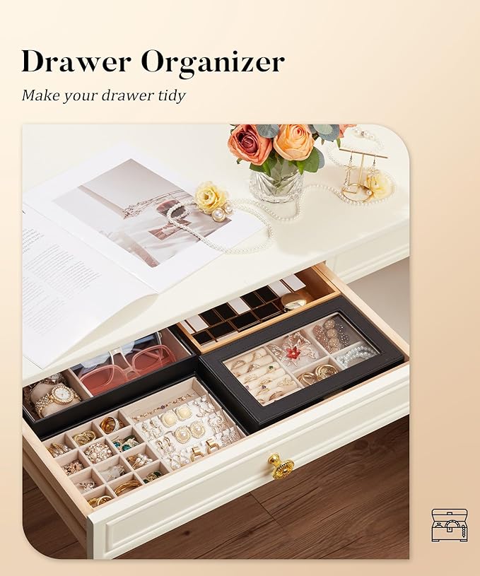 Homde Jewelry Tray Stackable Jewelry Box with Glass Lid, Removable Dividers for Vanity Table Gift Idea for Girls and Women (Black)