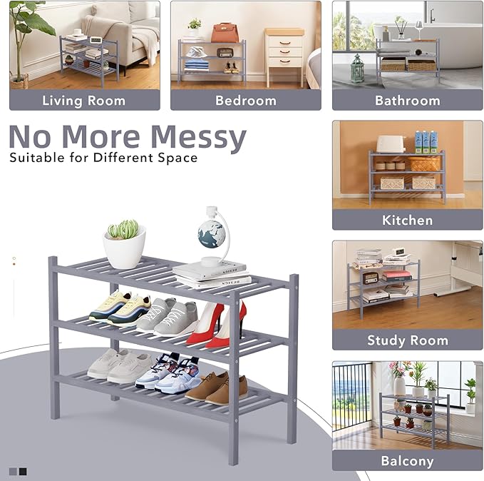 3 Tier Bamboo Shoe Rack Storage Organizer for Closet, Multifunctional Stackable Free Standing Shoe Shelf Organizer for Small Space,Entryway, Hallway, Bathroom27 x11 x20 (Grey, 3 Tier)