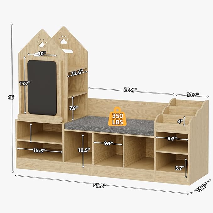 Xilingol Kids Reading Nook with Storage Bench and Chalkboard, Wooden Kids Bookshelf and Toy Storage, Toy Organizer for Boys & Girls, Toddler Reading Nook for Bedroom, Nursery, Playroom, Natural Oak