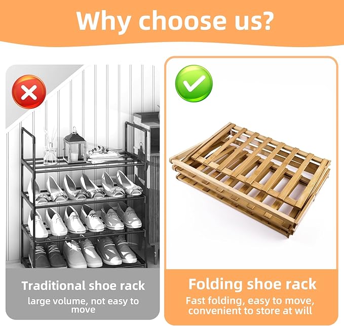 3-Tier Bamboo Shoe Rack, Foldable Shoe Storage Organizer for Closet, Bedroom, Entryway & Living Room - Portable No-Assembly Design, Space-Saving for Shoes & Accessories(3 Tier) (Wood)