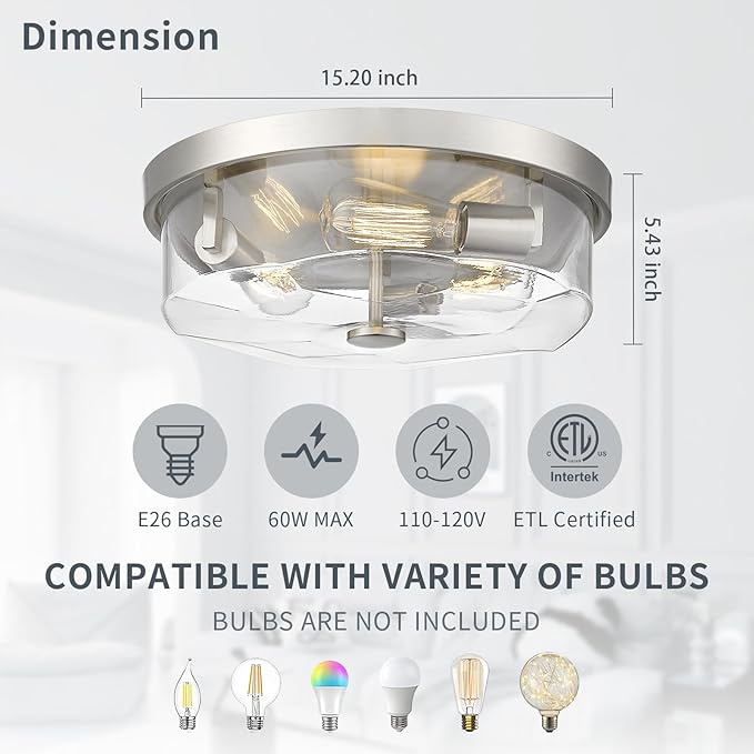 Brushed Nickel Flush Mount Ceiling Light, 3-Light Hallway Light Fixtures, Modern Farmhouse Farmhouse Ceiling Light Clear Glass for Kitchen Porch Entryway Indoor Outdoor
