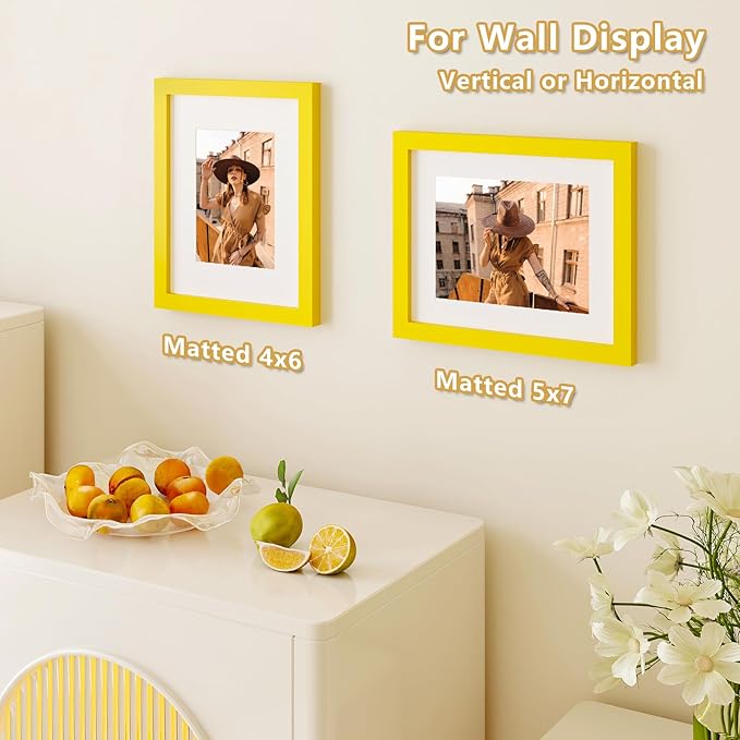 KINLINK 8x10 Picture Frame Yellow, Solid Wood Frames with Acrylic Plexiglass for Pictures 4x6/5x7 with Mat or 8x10 without Mat, Tabletop and Wall Display Photo Frame, Set of 4