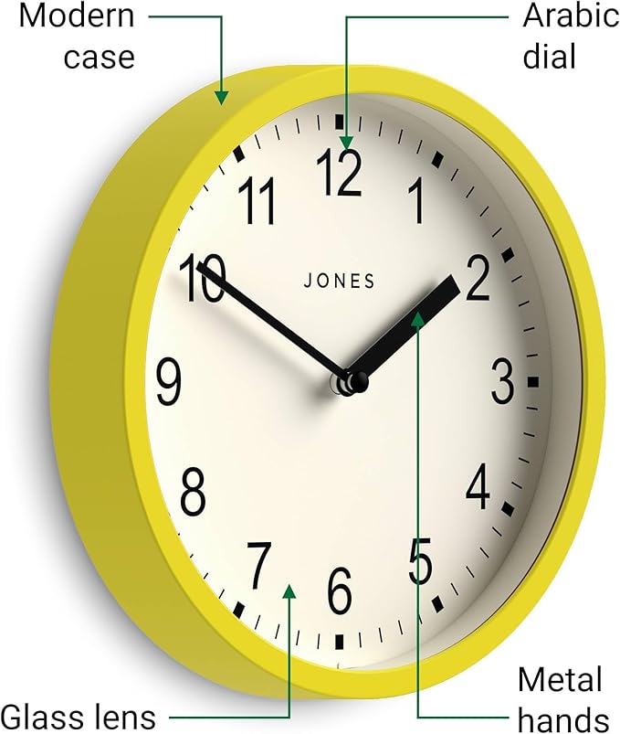 JONES CLOCKS® Spin Wall Clock | Small Modern Round Clock | 8inch | Yellow | Easy to Read Numbers | Ideal for Kitchen, Office, Children’s Room or Any Small Space