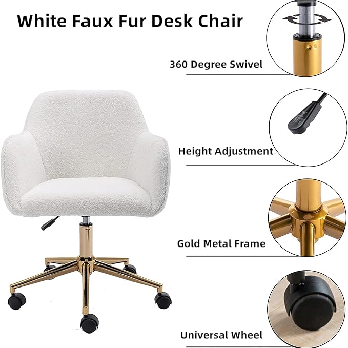 Goujxcy Fluffy Desk Chair, Faux Fur White Vanity Chair Swivel Office Chair for Girls Women, Height Adjustable Cute Teddy Furry Makeup Chairs for Bedroom Home Office