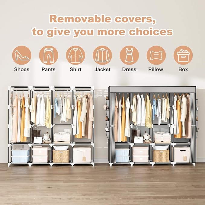 Portable Closet for Hanging Clothes, 67 Inch Wide Portable Wardrobe Closet with Cover, 4 Hanging Rod, Storage Shelves and Side Pockets, Large Free Standing Closet for Bedroom, Grey