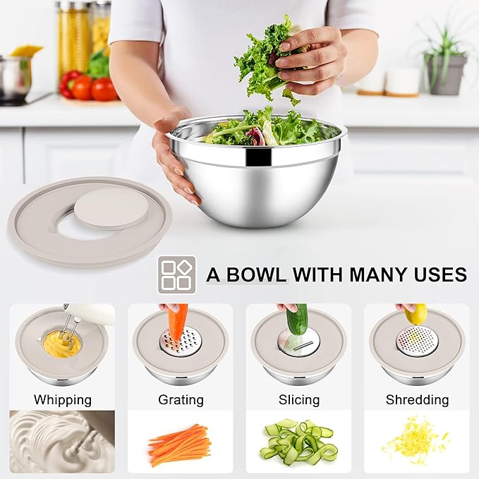 E-far Mixing Bowls with Lids Set, 21PCS Stainless Steel Mixing Salad Bowls with 3 Grater Attachments, Size 7, 4.6, 3.5, 2.6, 2, 1.5, 1QT, Nesting Design & Khaki Airtight Lid, For Baking/Prepping