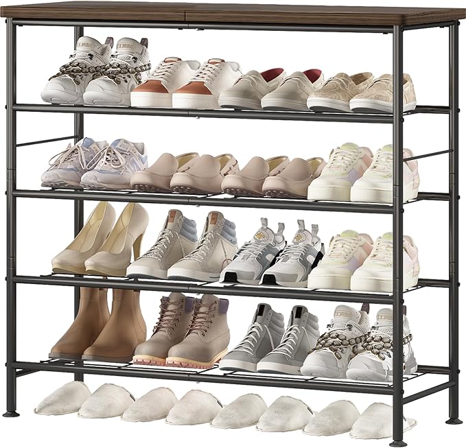 Shoe Rack Organizer 5 Tier for Closet Entryway Free Standing Metal Storage Shoe Shelf with MDF Top Board，Black+Rustic Brown