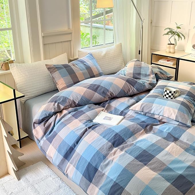 FACE TWO FACE Bedding Duvet Cover Set100% Washed Cotton Duvet Cover Linen Like Textured Breathable Durable Soft Comfy (Queen, Cardamom Blue Grid)
