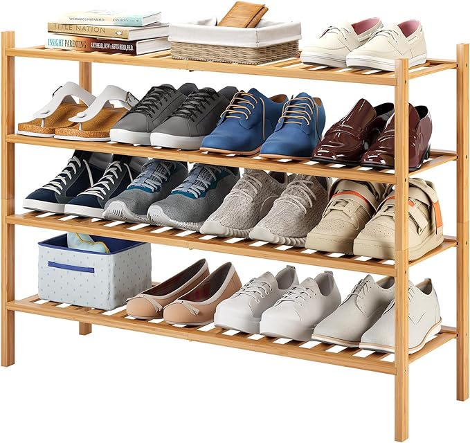 Long Shoe Rack, 4-Tier Bamboo Stackable Shoe Shelf Storage Organizer, Shoe Stand for Closet, Entryway and Hallway