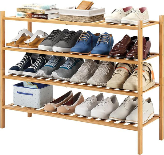 Long Shoe Rack, 4-Tier Bamboo Stackable Shoe Shelf Storage Organizer, Shoe Stand for Closet, Entryway and Hallway