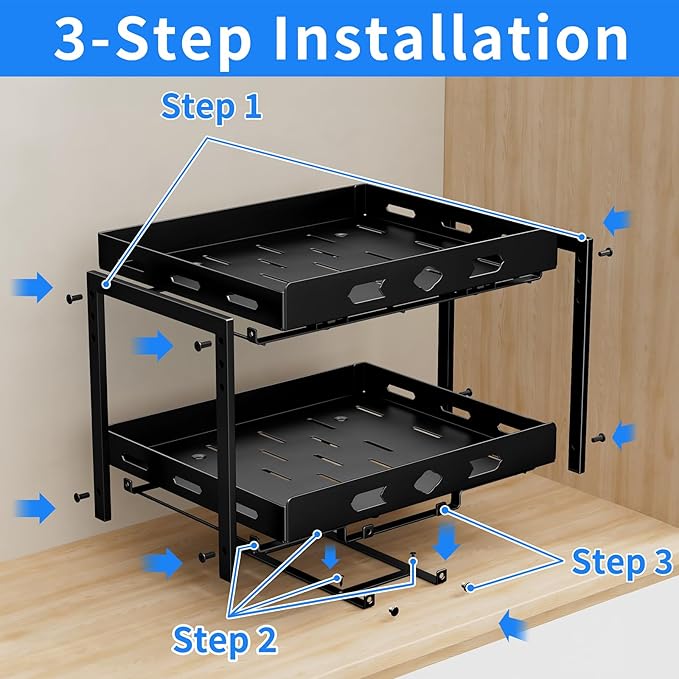 Spice Organization for Cabinet, 2-Tier Cabinet Spice Rack, Height Adjustable Vertical Spice Rack Pull Out for Kitchen, Cabinet, Pantry (14.1''Wx10.8''Dx9.2''H, Metal Black)