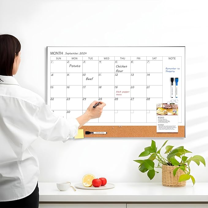 ARCOBIS Dry Erase Calendar with Cork Board for Wall, 36"x 24" Magnetic Calendar Whiteboard with Silver Frame, Monthly Combination Board for School, Home, Office