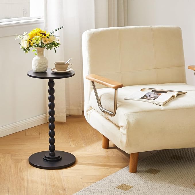 Round Side Table with Solid Wood, Modern Minimalist Bedside Table, Living Room Sofa End Table, Bedroom Small Corner Table for Small Spaces Black YD-RST001B