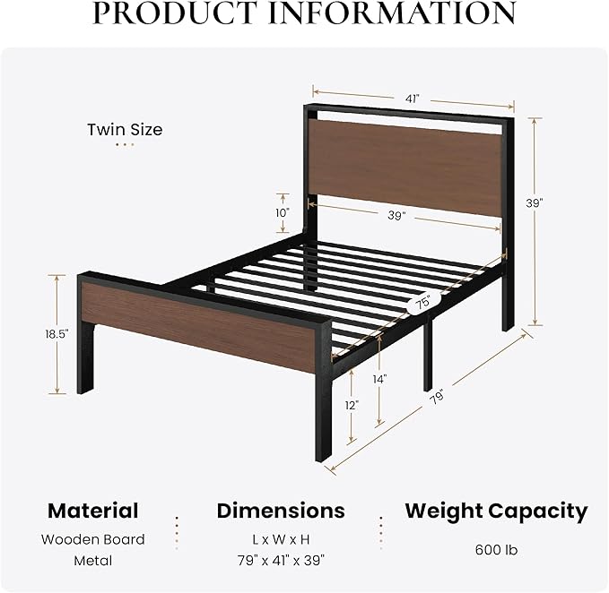 SHA CERLIN 14 Inch Twin Size Metal Platform Bed Frame with Wooden Headboard and Footboard, Mattress Foundation, No Box Spring Needed, Large Under Bed Storage, Heavy Duty Slats Support, Walnut
