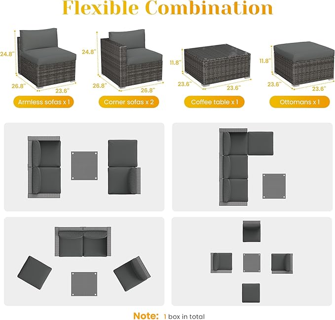 5 Piece Outdoor Patio Sectional Furniture Set, Weather Resistant Rattan Outside Couch, Waterproof Conversation Sofa for Balcony, Porch, Backyard, Deck, Garden, Grey