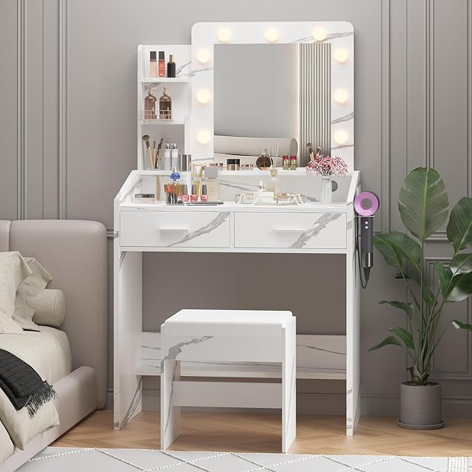 Vanity Desk with Mirror and Lights for Bedroom, Marble White Modern Makeup Table with 2 Drawers, 3 Light Modes & Dimmable LED, Includes Stool