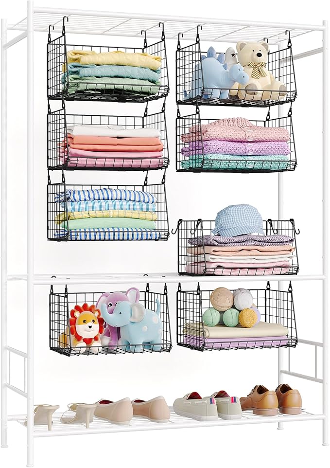 3-Tier Foldable Hanging Closet Organizer with 360° Rotating Hooks–Clothes Hanging Shelves for Small Spaces, Wire Basket Bin Storage for Closet Organizer System, Black