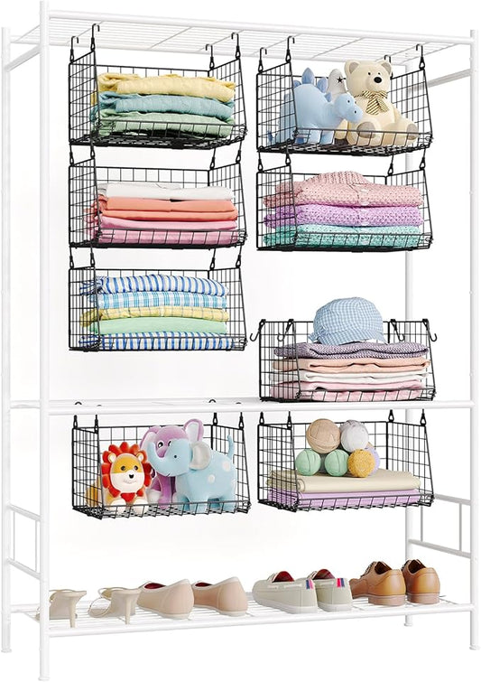 3-Tier Foldable Hanging Closet Organizer with 360° Rotating Hooks–Clothes Hanging Shelves for Small Spaces, Wire Basket Bin Storage for Closet Organizer System, Black