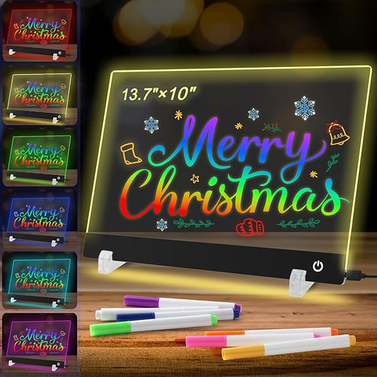 13.7X 10Inch 6 Color LED Drawing Board for Kids, LED Note Board with Colors，Light Up Acrylic Dry Erase Board with Stand,7 Markers, Rewritable Message Board Creative Fun for Home, Classrooms, Gifts.