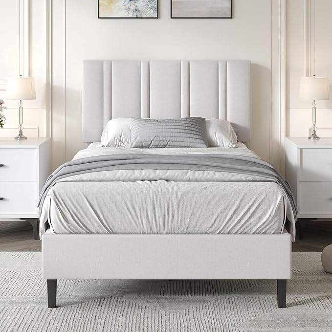 Twin Bed Frame, Upholstered Platform Bed with Button Tufted Headboard, White Bed Frame Twin Size for Kids Girls Boys, No Box Spring Required, Easy Assembly, White