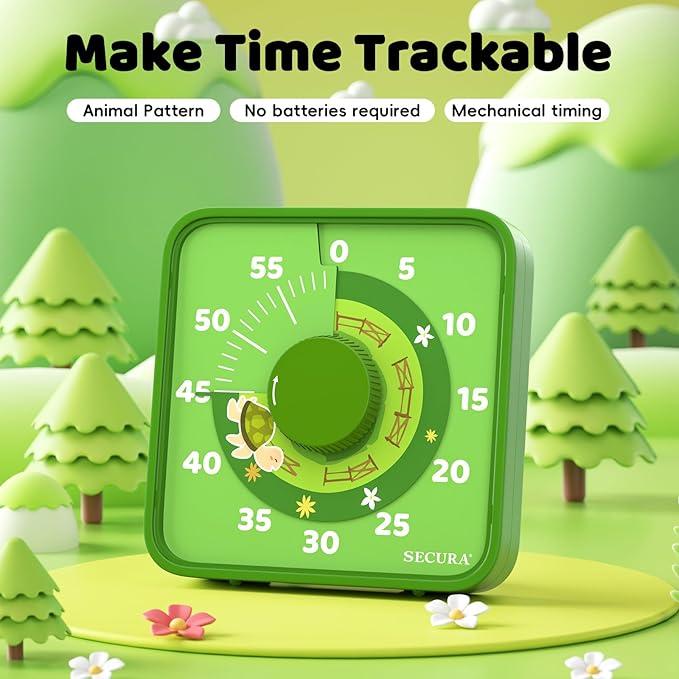 Secura 7.5-Inch Animal Pattern Visual Timer for Kids, 60-Minute Countdown Timer for Classroom or Kitchen, Durable Mechanical Timer Clock with Magnetic Backing (Green)